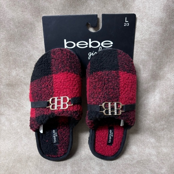 Bebe Plaid Girls Quilted Sherpa Slippers Red/Black Size Large 2/3 - Picture 1 of 5